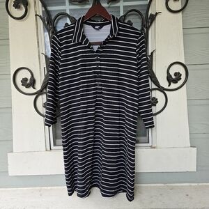 Lands' End Women's Black & White Striped Swim Cover-up Shirt Dress - L